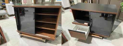 G14★KOGA 古賀家具★キッチンボード フィルミア W122cm ブラウン ガラス戸 ブラック 新品定価約10万円 食器棚 