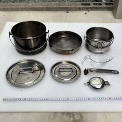 キャンプ BBQ用 キャンピングクッカー キャプテンスタッグ(CAPTAIN STAG) エルバセット L ステンレス 鍋2個 フライパン お玉 セット 中古の画像