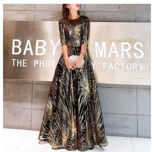 パーティードレス　ロング丈　ブラックゴールド