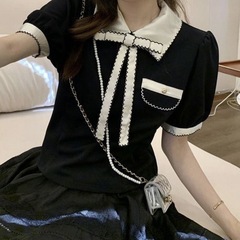 ブラウス バイカラー ボウタイ リボンタイ ポロカラー パフスリーブ 半袖 ショート丈の画像