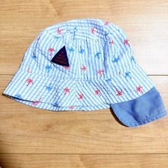ベビー帽子 50cm 日よけ付き ヤシの木×ストライプ柄 水色 サックス 春の画像