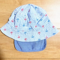 ベビー帽子 50cm 日よけ付き ヤシの木×ストライプ柄 水色 サックス 春の画像