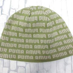( M-958 )PUMA プーマ ニット帽 グリーン 緑 ロゴ フリーサイズ 中古の画像