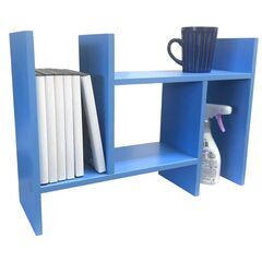 【訳あり品／組立済み品】デスク上置棚　卓上ラック　スライド式　横幅伸縮 　ブックシェルフ　飾り棚　カラー：ブルーの画像