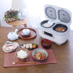 life_mart 炊飯器 3.5合 × 2口 【 料理も出来る 同時 別々 調理 可能 一人暮らし 】 ホワイト ブラック 多機能炊飯器 ダブルクック おしゃれ 炊き込み スープ おかゆ 雑炊 蒸し 煮込み ケーキ ヨーグルト 手動 再加熱 保温 炊飯 お米 (マットホワイト)の画像