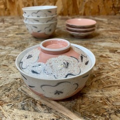 C(7582) 桃色 フタ付き 茶碗 和食器 4個セット 115×60ｍｍの画像