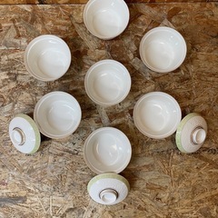 C(7583) 高麗渕 煮物茶碗 グリン花堀 うぐいす色 小鉢 7個 フタ3個 の画像