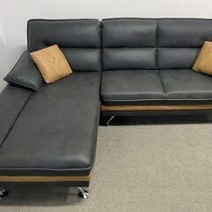 レザーファブリック カウチソファ グレー系 クッション付属 リビング インテリア コーナー L字 3人掛け 中古家具 店頭引取歓迎 R10148の画像