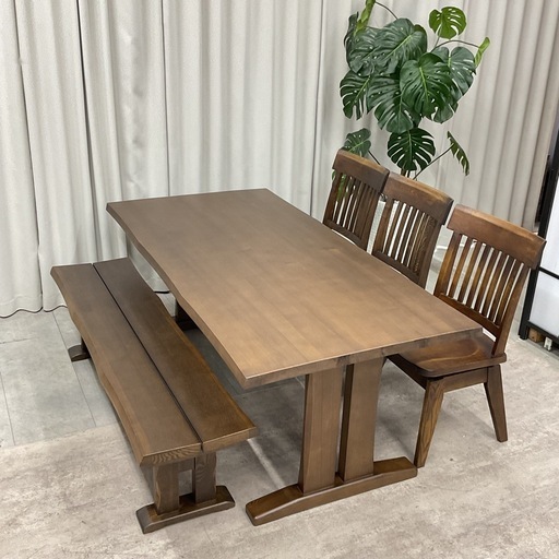 KH-29【新入荷　リサイクル品】松田家具　道三/タモ無垢材　和風ベンチダイニング5点セット　ブラウン系