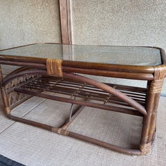 【昭和レトロ】ラタン×ガラス コーヒーテーブル 籐家具 ヴィンテージ ナチュラルの画像