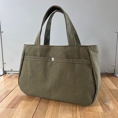【ハンドメイド】帆布トートバッグ カーキ ペットボトルホルダー付 1018新品未使用の画像