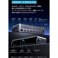 39990円→35000円 新品未開封 Anker Prime ドッキングステーション (14-in-1, Triple Display, DisplayLink) 最大8K USB PD 最大140W出力対応USB-Cアップストリームポート 3画面同時出力 10Gbps高速データ転送 GaN搭載 ACアダプタ内蔵 冷却システム ディスプレイ搭載 DisplayLinkダウンロード必要の画像