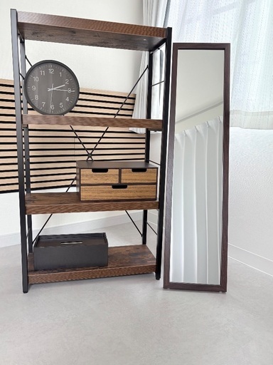 ニトリ　ステインブックシェルフ　鏡　時計　小物セット