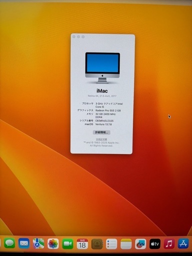 Corei7+メモリ32GB+GPU4GB搭載　iMac2017 4K21.5inch【管理番号VK04PJ1G】 iMac 