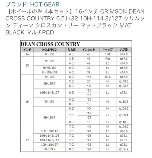【ホイールのみ4セット】16インチ クリムソンディーン クロスカントリーマットブラックCRIMSON DEAN CROSS COUNTRY 6.5J＋32 10H-114.3/127