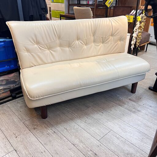 ソファーベンチ 2～3人用 革張りソファ (合皮) 白 ホワイト 横幅153cm奥行73cm高さ85cm座面高43cm★買取帝国 志木店