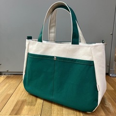 【ハンドメイド】帆布トートバッグ 大きめ 生成り×ボトルグリーン1018新品未使用の画像