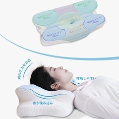 【新品未使用】① 低反発枕 人間工学デザイン まくら ヒアルロン酸美容成分配合 pillow 首が痛くならない 安眠枕 横向き寝 仰向け寝 うつ伏せ寝 快眠枕 2段階高さ調整 通気性 冷感カバー付き 洗える 誕生日プレゼント最適 ブルーの画像