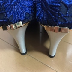 オリエンタルトラフィック レース リボン 紺 ネイビー　レース生地　バックリボン　 靴　 パンプス　 シューズ　 ヒール　花柄刺繍の画像