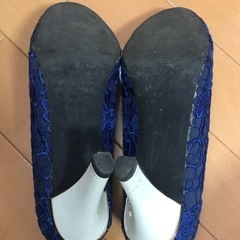オリエンタルトラフィック レース リボン 紺 ネイビー　レース生地　バックリボン　 靴　 パンプス　 シューズ　 ヒール　花柄刺繍の画像