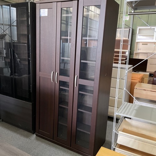 アイランド 扉収納付きスライド 書棚 ダークブラウン