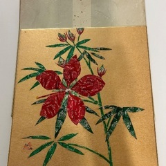 切手アートのうちわと色紙の画像