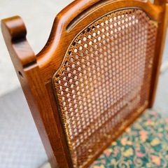 ブルージュ　Brugge　ラタンチェア　籐張り　花柄ファブリック　美品　三越　MITSUKOSHI ダイニングチェア　オーク　無垢材　ブルージュ Bruges ラタン 籐 椅子 チェア ダイニングチェア 花柄 ファブリック アンティーク ヴィンテージ 木製 chair vintage antique rattan caneの画像