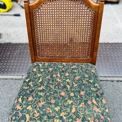 ブルージュ　Brugge　ラタンチェア　籐張り　花柄ファブリック　美品　三越　MITSUKOSHI ダイニングチェア　オーク　無垢材　ブルージュ Bruges ラタン 籐 椅子 チェア ダイニングチェア 花柄 ファブリック アンティーク ヴィンテージ 木製 chair vintage antique rattan caneの画像