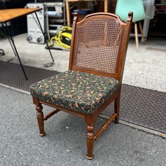 ブルージュ　Brugge　ラタンチェア　籐張り　花柄ファブリック　美品　三越　MITSUKOSHI ダイニングチェア　オーク　無垢材　ブルージュ Bruges ラタン 籐 椅子 チェア ダイニングチェア 花柄 ファブリック アンティーク ヴィンテージ 木製 chair vintage antique rattan caneの画像