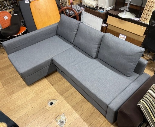 L字ソファー 座面下収納あり ベッドに変形可 グレー 中古