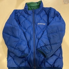 mont-bell モンベル キッズ ダウンパーカー 100 リバーシブル ブルー×グリーン 軽量 防寒 フード取り外し可の画像