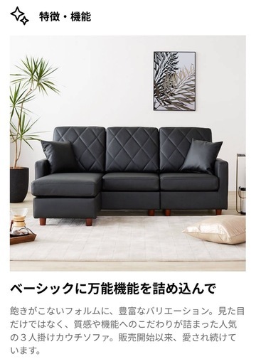 三人掛けカウチソファ（クッション付き）