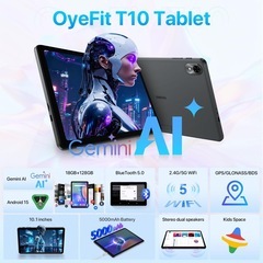 Android 15 Gemini AI タブレット　タブレット 10インチ Wi-Fiモデル WideVine L1 対応18GB+128GB+2TB拡張 5000mAh Type-C充電 デュアルバンドWiFi アンドロイド Kids Space/Gemini AI/GPS 技適認証済 OYEFIT T10 Tab グレーの画像