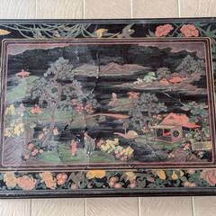 中国家具 骨董品 状態悪いです 細密人物風景彫刻絵付 テーブル 美術品の画像