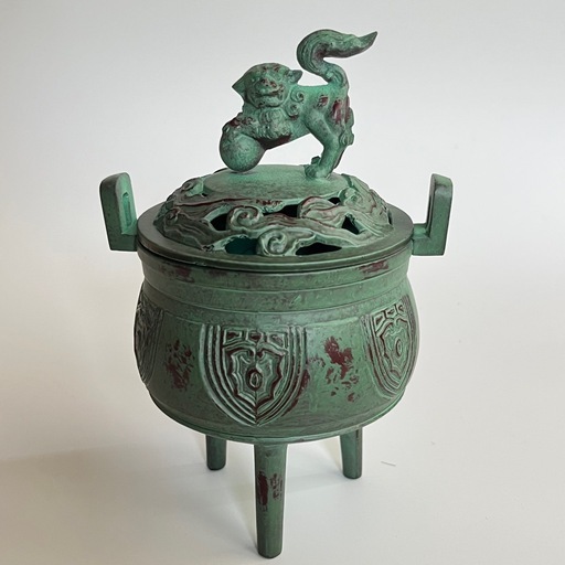 新品【高岡銅器】獅子彫刻 香炉 (銅製) 3脚長柄雅博銅製玉獅子 (かりん