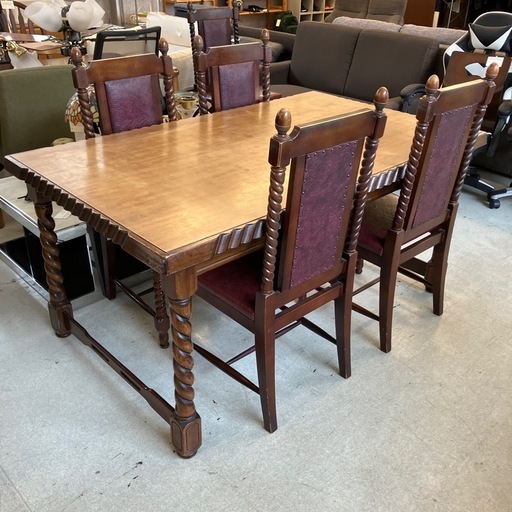 ☆値下げ☆K2510-272 英国クラシック風 ジャコビアンスタイル ダイニングテーブルセット 椅子4脚付き ※バラ売り不可 キズ汚れ有り