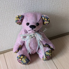 ハンドメイド 手作り テディベア ぬいぐるみ ピンク 花模様 の画像