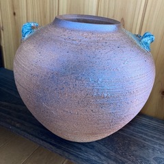 信楽焼 花瓶 明山作 共箱付 花生 花入 置物 インテリア 華道具 明山窯 高さ約20cm 和風 耳ありの画像