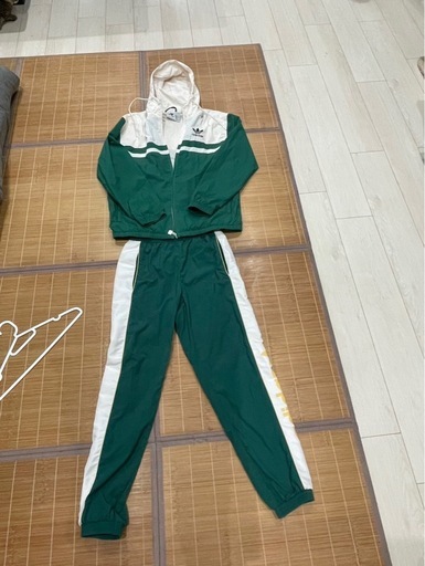 adidas  グリーン/ホワイト フード付きジャージ上下