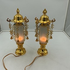 仏具 電気灯籠（でんきとうろう）バブル灯 ペアセット／金色×青ガラス装飾タイプの画像