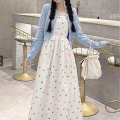 GRL ワンピース　花柄ジャガードフレアワンピース　青　白　gn389の画像