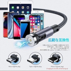 マグネットUSBケーブル Type-C、Micro USB、Type-L 3種類コネクタ、180度回転可能、長さ2Mの画像