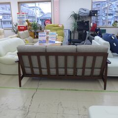 中古品 3人掛けファブリックソファー オットマン付き 木枠 公田店の画像