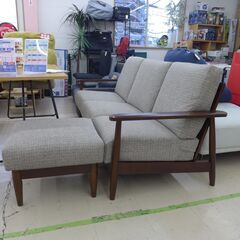 中古品 3人掛けファブリックソファー オットマン付き 木枠 公田店の画像