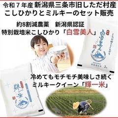 令和7年産新米　減農薬　新潟コシヒカリ玄米15kg+ミルキークイーン玄米15kg 新潟県三条市旧しただ村産　1等米 新潟県認証　特別栽培米こしひかり100%+ミルキークイーン100% グルテンフリーの画像