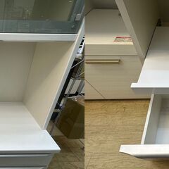 松田家具 キッチンボード 横幅100cm 2枚スライドガラス扉 引出し4個 (ソフトクローズ) 鏡面仕上げ ホワイト レンジボード 食器棚■奥行48.5cm×高さ198cm■近隣配送無料 買取帝国 朝霞店の画像