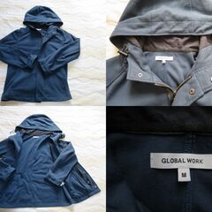 コムサイズム グローバルワーク ストライプ 半袖 白 長袖　麻100% 別地 キュプラ100%　Tシャツ セーター　タオルハンカチ グローバルワーク フード付き　パーカー　ネイビー　M　6点セットの画像