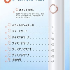 電動ハブラシ 音波式ブラシ 電動歯ブラシ横振り IPX7防水 6モード音波歯ブラシ 替えブラシ8本付 Type-C充電式 50日連続使用 2分間オートタイマー 収納ケース付き 低騒音 携帯便利 旅行の画像