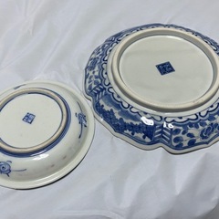 山水図　絵付け　輪花皿　切子グラス　お二人様セット　当時の未使用品 
全12点です。の画像