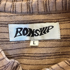 M2510-326 BONSKIP ノーカラー シャツ  半袖 ブラウン系 ストライプ 胸ポケット Lサイズ 毛玉色あせ有りの画像